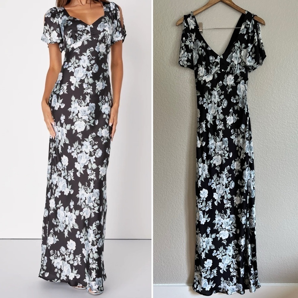 NWOT Sensational Bloom Black Floral Satin Flutter Sleeve Maxi Dress